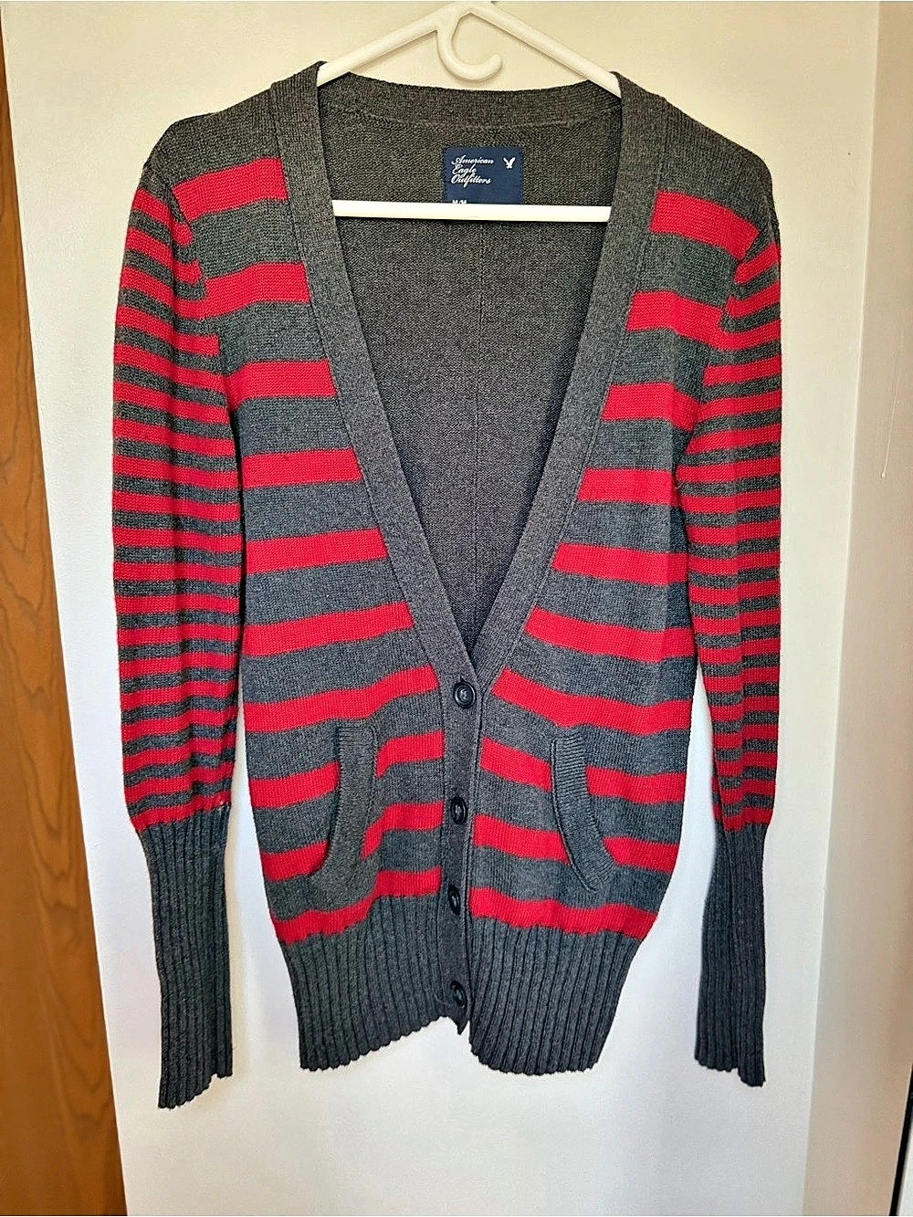 American Eagle Outfitters Striped Cardigan in Gray & Red Size Medium